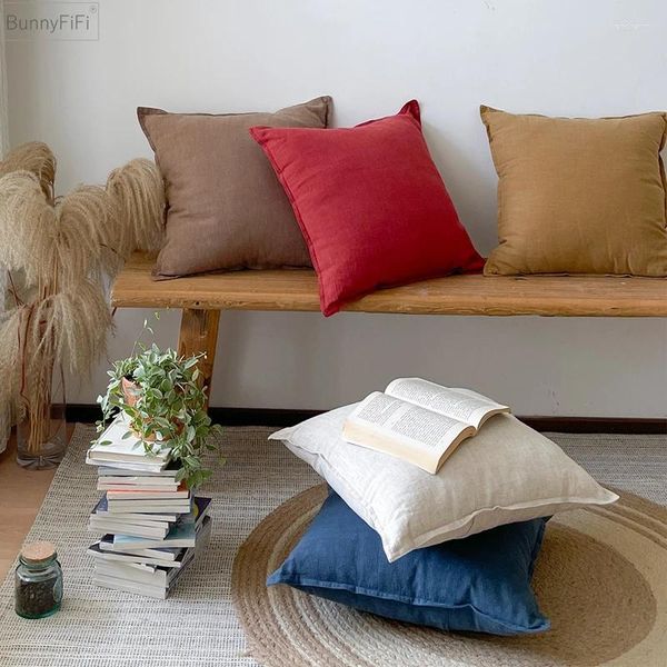 Housse de coussin solide en lin uni, blé, rouge marine, à franges, pour la décoration de la maison, lit, canapé, 45x45cm, 50x50cm