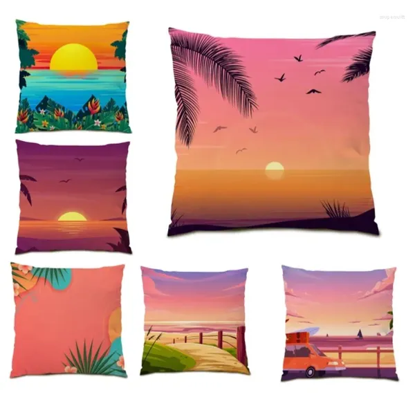 Housses d'oreiller palmier Tropical, décoration d'été, peinture Cojines 45x45, paysage de lever du soleil, E0741