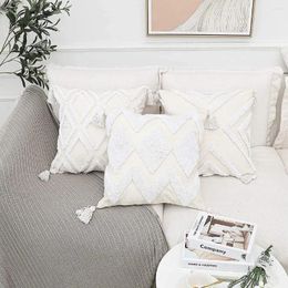 Oreiller blanc crème taie d'oreiller 45 45 cm dans un décor bohème motif géométrique tissé touffeté doux Chenille gland canapé S