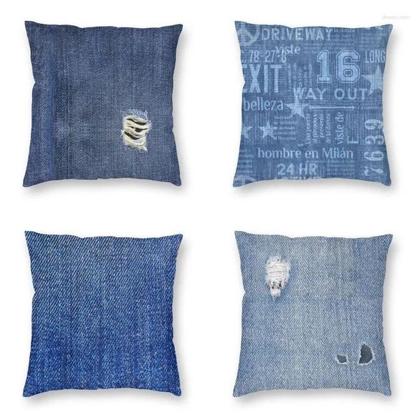 Almohada Dark Blue Denim Ripped Cover 45x45cm Decoración para el hogar Sofá Impresión Tendencia Textura Caja de lanzamiento para automóvil