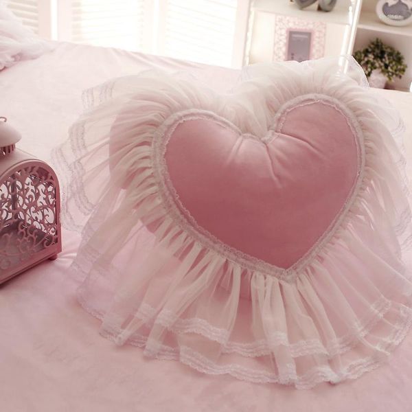 Almohada / encaje decorativo Jardín coreano Amor en forma de corazón Princesa Chica Regalo Coral Terciopelo Sofá Cama Habitación Dec con relleno FG164C