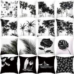 Almohada/funda de almohada decorativa moderna Simple en blanco y negro 45x45 funda con estampado de hojas de plantas cojines para coche al aire libre hogar sofá Cushio