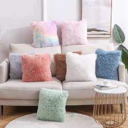 Kussen decoratieve regenboog pluizige duw kussen kussen kussen zacht schattig meisje kamer decor faux bont vierkant fuzzy kussens mat voor thuisbank bed