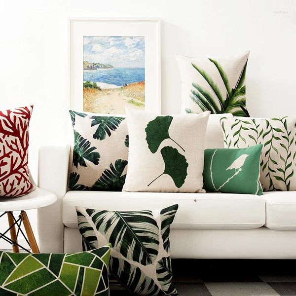 Oreiller décoratif jeter housse plantes tropicales flamant vert Polyester siège pour canapé décor à la maison Almofadas