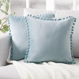 Oreiller/housse décorative en velours rose gris blanc bleu, taie d'oreiller en dentelle boule pour salon chambre à coucher, décoration de canapé 45x45c