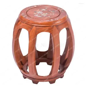 Tabouret de tambour d'oreiller chinois en bois massif rond rose rose sculpté de salon