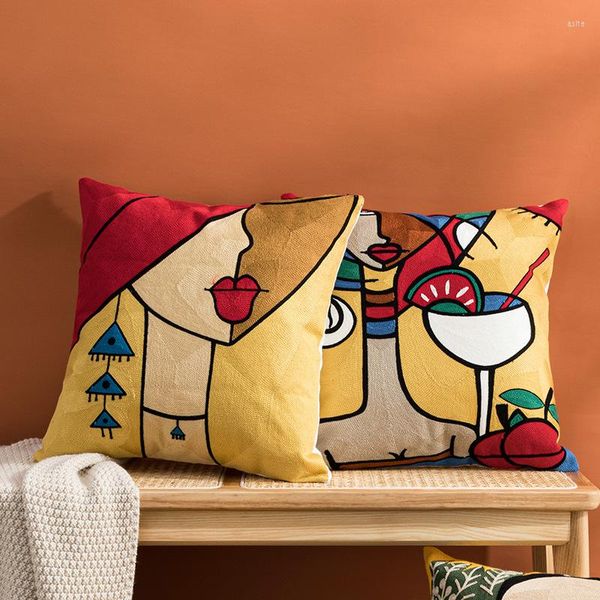 Almohada DUNXDECO funda de arte abstracto funda decorativa señora pintura hilo de algodón bordado sala de estar sofá silla Coussin