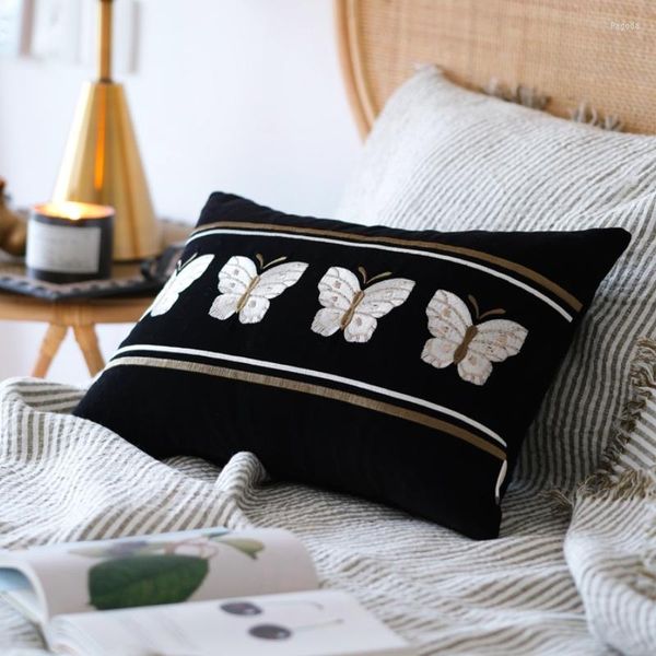 Almohada DUNXDECO decoración francesa mariposa cubierta bordada decorativa lujo artístico negro terciopelo sofá silla cama Coussin