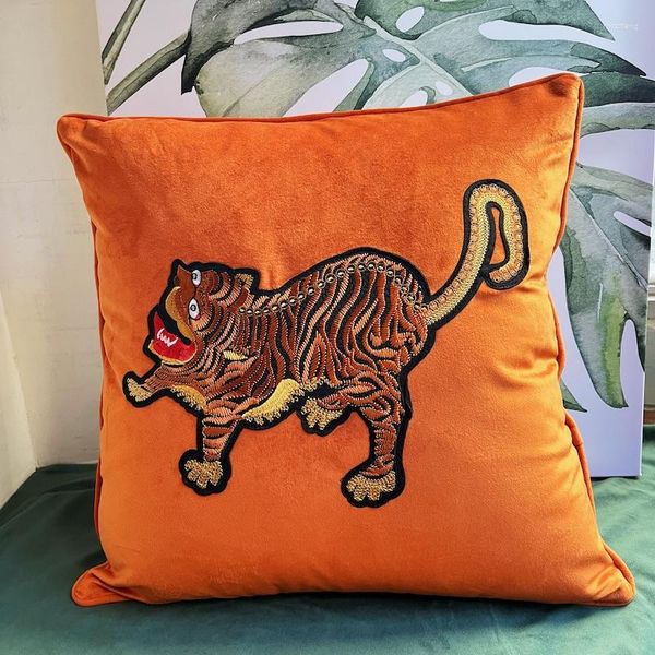 Almohada DUNXDECO Inicio Cojines Lujo Naranja Terciopelo Retro Tigre Patchwork Bordado Cubierta 18x18inch Funda Sofá Cama Coussin