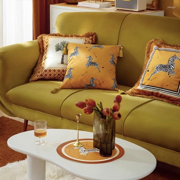 DUNXDECO – housse de luxe italienne, taie d'oreiller décorative, Art moderne, maison, imprimé zèbre jaune, velours doux, Coussin de canapé et de chaise