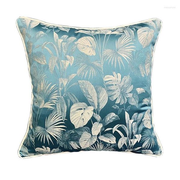 Almohada Dunxdeco Lake Blue Palm Leaf Jacquard Cubierta de lujo Caja decorativa Estilo moderno Arte Sala de estar Sofá Coussin