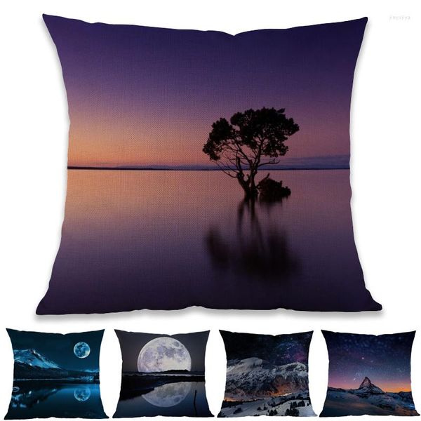 Oreiller anti-poussière, coucher de soleil et lever du soleil, paysage splendide de montagne, rivière, lune, ciel, housse décorative pour la maison, le canapé et la chambre