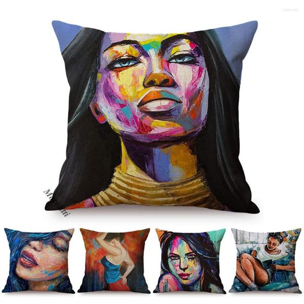 Almohada elegante dama retrato moda mujer pintura al óleo cubierta decorativa Cool Girl cubismo auto sofá funda