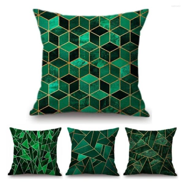 Oreiller émeraude géométrique cubes triangle canapé décoratif coton lin jade vert pastoral en marbre texture couverture