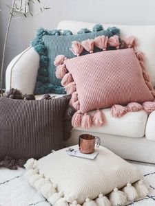 Taie d'oreiller Europe Pure Color Case, housse carrée tricotée avec pompon en dentelle, siège décoratif pour la maison, chaise S
