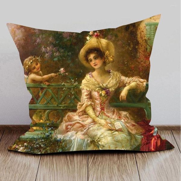 Almohada Pintura al óleo europea Belleza Dama Chica Retrato Amor Cupido Cubre Día de San Valentín Almohadas decorativas para sofá 45X45 cm