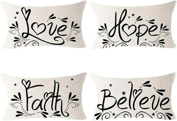Oreiller Faith Love Hope Believe, housse de taille en lin, décoration de personnalité, canapé salon 30x50cm