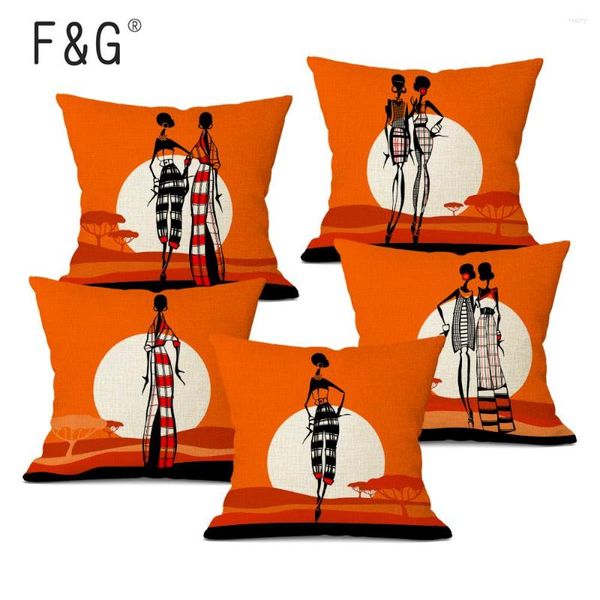 Oreiller mode fille africaine couverture Orange couleur Style noir femmes maison Art décoration canapé taie d'oreiller lin