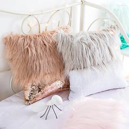 Pillow Fashion Long Fur Sequins Patchwork Couverture décorative Bling Bridered Square Case