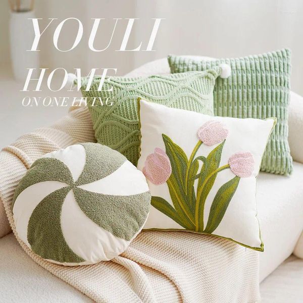 Oreiller floral brodé couvercle rond tulip ins mignon salon chambre canapé décor à la maison