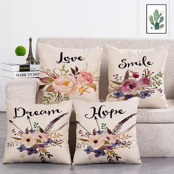 Almohada flor carta amor sonrisa cubierta tiro algodón lino decoración del hogar hecho a mano personalizado impreso caso T110 / decorativo