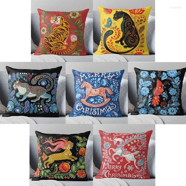 Almohada portada de arte popular animal de lino para la sala de estar del sofá dibujos animados decorativos decoración del hogar