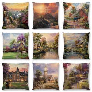 Pillow Forest Rivers Countryside Cabin Counds Gardens Décolleté Peinture d'huile Fairy Tale Lighthouse Cover Sofa Throw Case