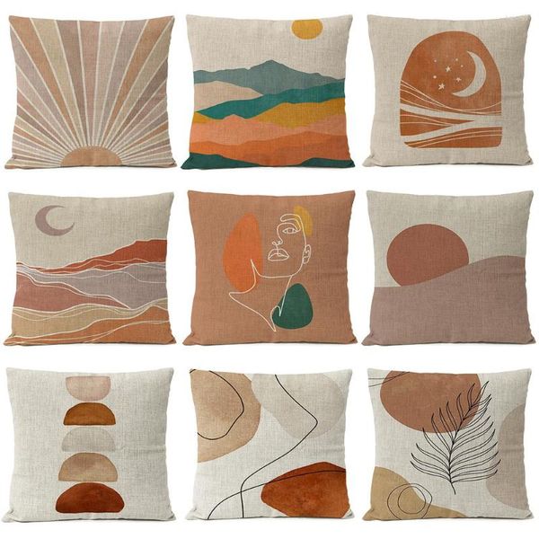 Almohada Geométrica Boho Bohemia Sol y Luna Paisaje Hojas Tiro Lino Funda de almohada Decoración decorativa para el hogar Sofá S