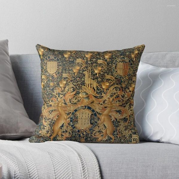 Pillow Gold Navy Blue Antique Heraldic Tapestry With Harts Armorial Bearing Badges of John Throw Cover Set