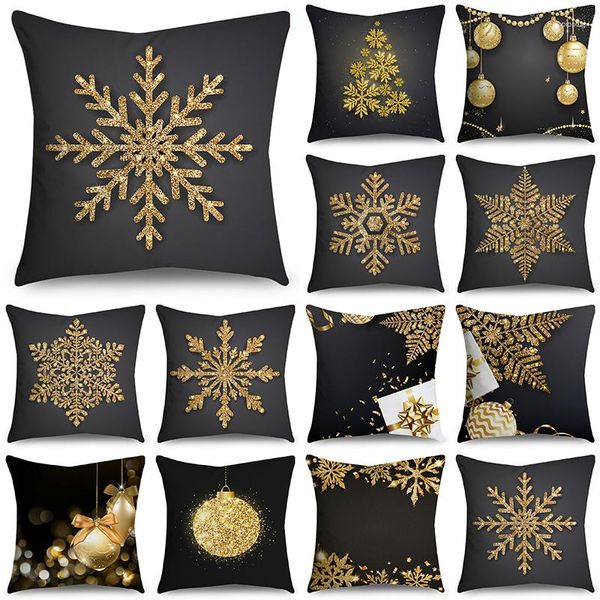 Oreiller Golden Christmas Throw Covers 40/45 / 50 cm Balles de flocons de neige brillants Balles d'oreiller noir pour canapé canapé décor