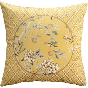 Oreiller Doré Couvre Doux Velours Peinture Chinoise Fleur Oiseau Décoratif Pour Canapé Chambre Carré 18 X Pouces