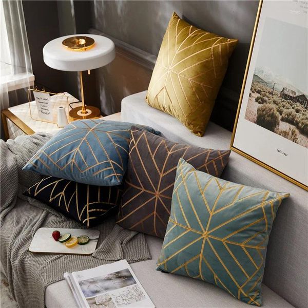 Funda de almohada con bordado dorado, funda decorativa para el hogar, color gris, azul, amarillo, geométrico, terciopelo, 45x45cm