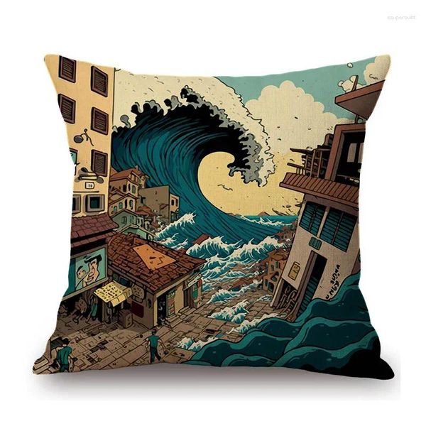Almohada Great Wave Cartoon Painting Home Sofá Decorativo Caja de lanzamiento Giant Marine Tsunami en la ciudad Cubierta de coches de lino de algodón