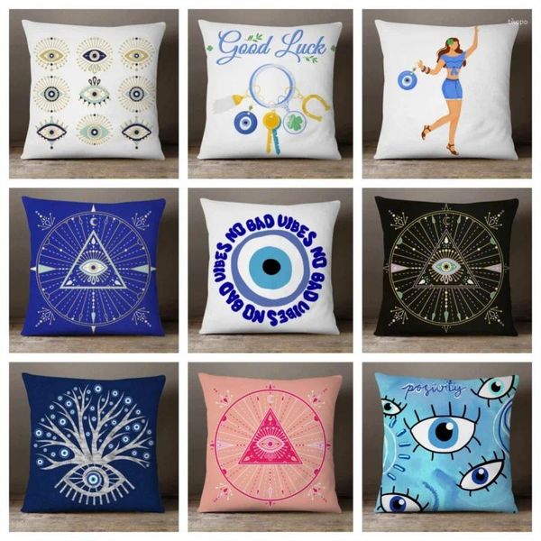 Almohada Griego Turco Mal de ojo Hamsa Cubiertas de mano Amuletos de la fortuna de Oriente Medio Imprimir Sofá decorativo Funda de tiro