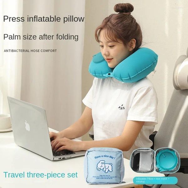 Almohada verde plegable de forma U viajar a aire automático almohadas de avión inflable almohadas anillo tipografía de cama