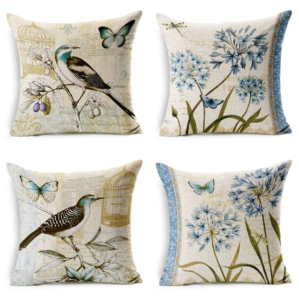 Almohada dibujada a mano Vintage flores y pájaros cubierta tiro algodón Lino decorativo para sofá coche/decorativo