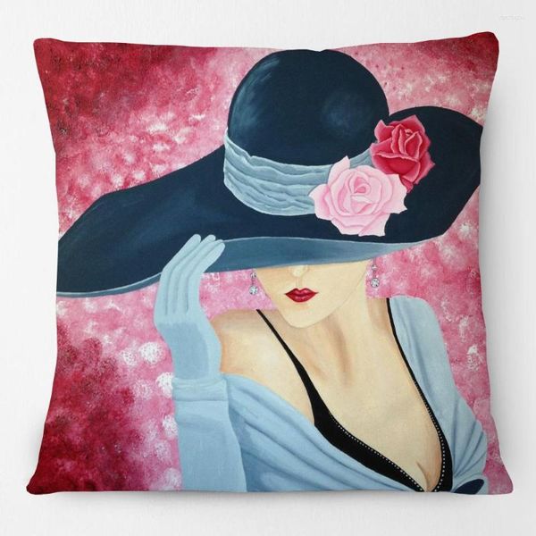 Almohada pintura a mano elegante dama mujer con sombrero cubierta moda retrato caso