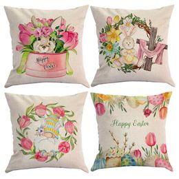 Oreiller joyeux couvercle de Pâques en linge de fleur de printemps pour la décoration de salon décoration de décoration canapé oreillers 45x45