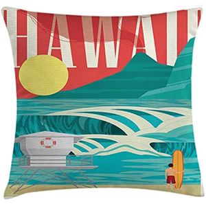 Kussen Hawaiian Throw Cover retro artwork van kleurrijke zandige kustlijn zonnige dag surfplank en tropen reisbestemming