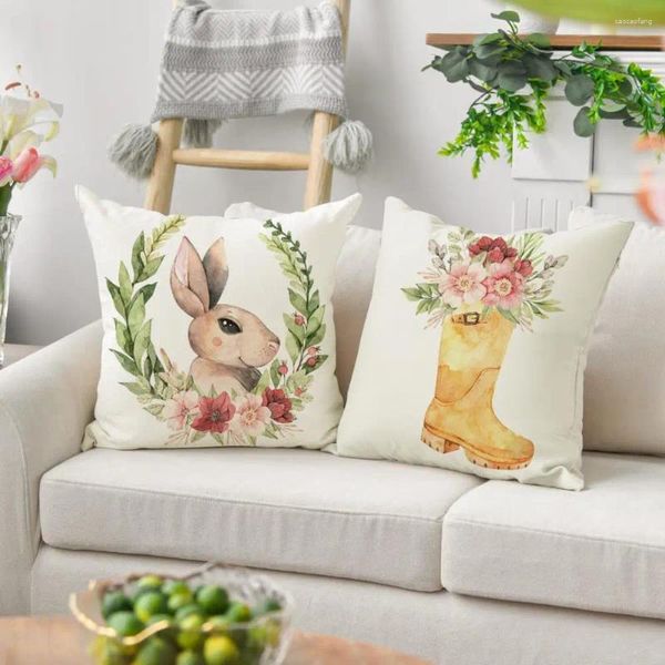 Almohada Funda de almohada de vacaciones Huevo de Pascua Caja de bota de flores Decoración reutilizable para sofá Dormitorio Festival cuadrado