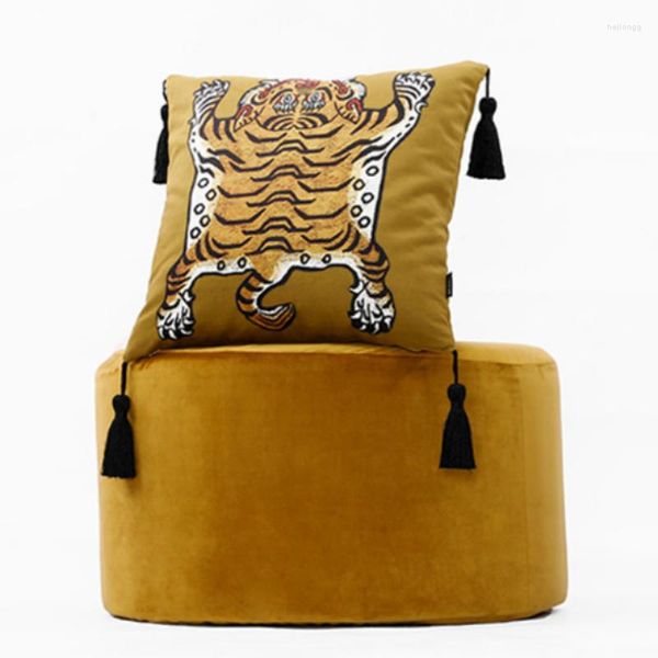 Oreiller Décor À La Maison Couverture Décoratif Carré Cas Vintage Artistique Tigre Imprimer Gland Doux Velours Coussin Canapé Chaise