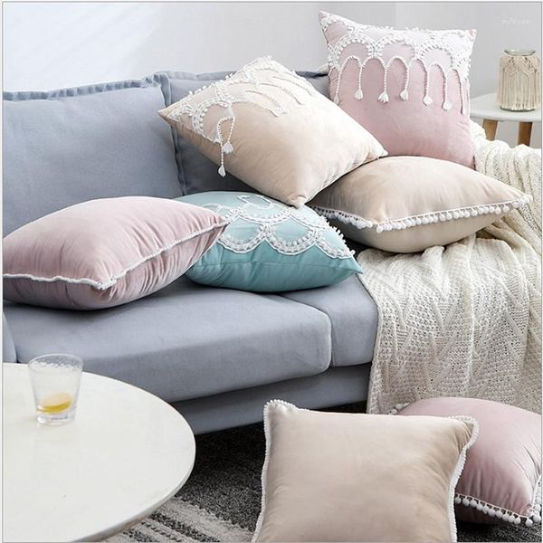Taie d'oreiller en velours rose bleu doux, décoration de maison, avec dentelle, pompon décoratif, boule, taie d'oreiller, 45x45