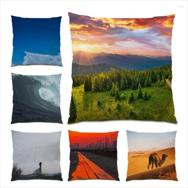 Housse de coussin décorative pour la maison, couverture de photographie avec coucher de soleil, montagnes, salon, lit, 45x45, cadeau de rivière, 2024 E1002