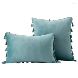 Kussen inyahome waterblauw fluwelen zachte vaste decoratieve worpdeksel met kwastjes rand boho -hoes voor bank sofa bed