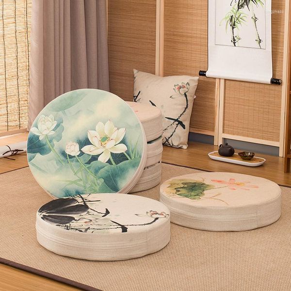 Oreiller futon de style japonais culte bouddha assis tissu lavable rond tapis de balcon en lin avec imprimé lotus