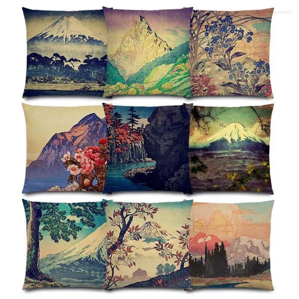 Almohada estilo japonés pintura de paisaje cuatro estaciones paisajes de la naturaleza de las montañas de fuji árboles ríos mar buena funda