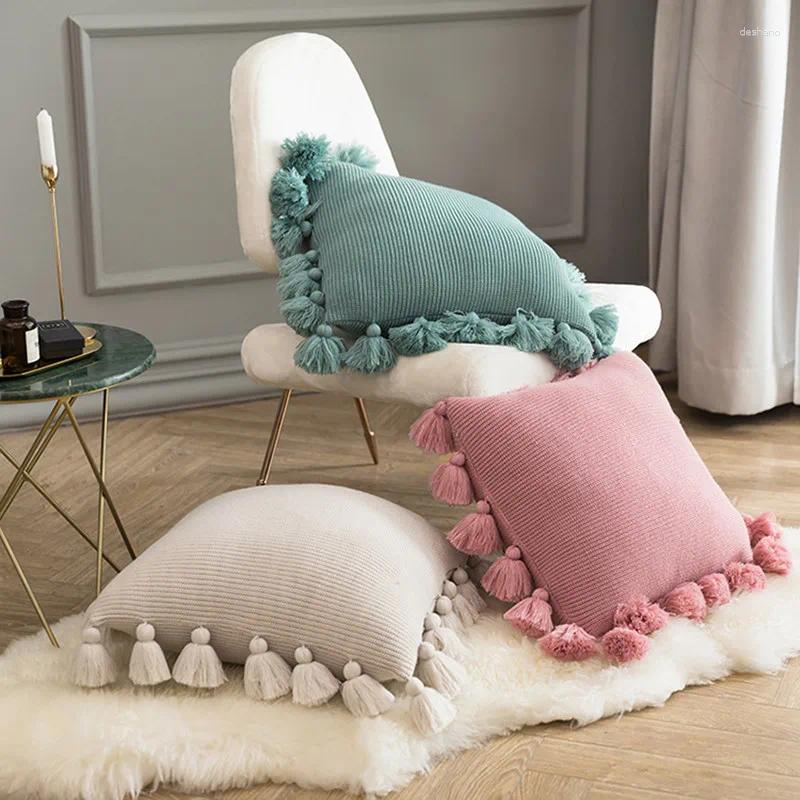 Pillow Knit Solid Ivory Pink Green PillowCase Acrylic Ball Tassel Sofa Bed Nursery Room Decorative