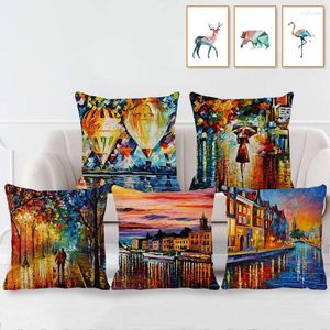 Funda de almohada de lino pintado con paisaje Natural de ciudad europea y americana, fundas de almohada decorativas para el hogar