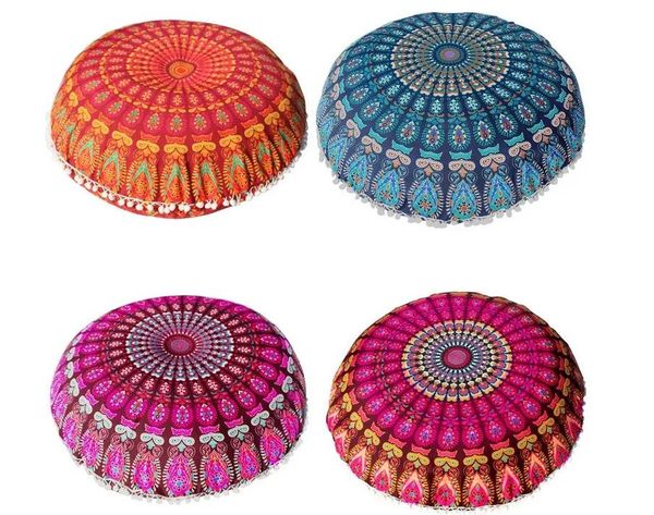 Oreiller Grand Mandala Oreillers De Sol Rond Bohème Méditation Housse De Coussin Ottoman Pouf Rond Polyester Taie d'oreiller 80x80 cm