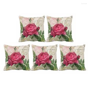 Oreiller LBER 5X Vintage Floral/Fleur Lin Décoratif Housse de Coussin Maison Canapé Décoratif (Fleur Rose)